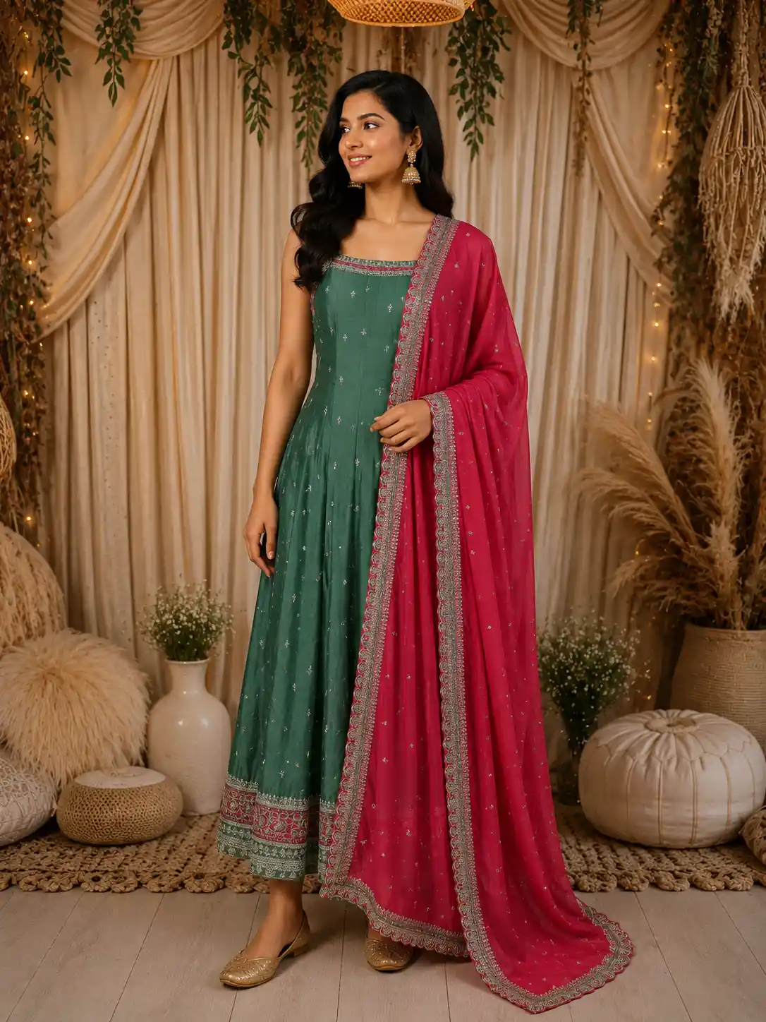 Pine Green Floral Zari Embroidered Design Silk Anarkali Salwar Suit with Contrast Dupatta